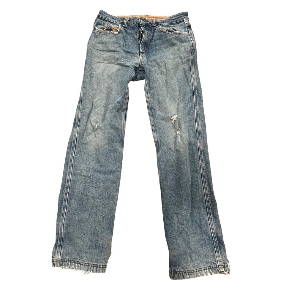 Duluth Trading Co Jeans Mens Flannel Lined Blue Distressed Workwear Sz 34 Rugged
